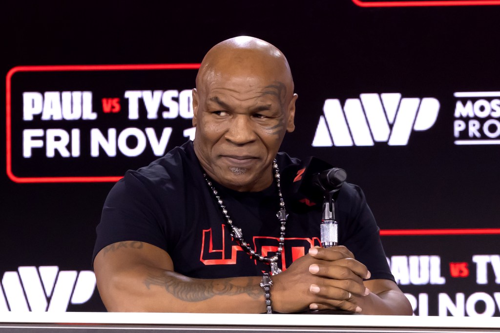 Mike Tyson at a press conference with Jake Paul as part of the Fanatics Fest NYC on Aug. 18, 2024.