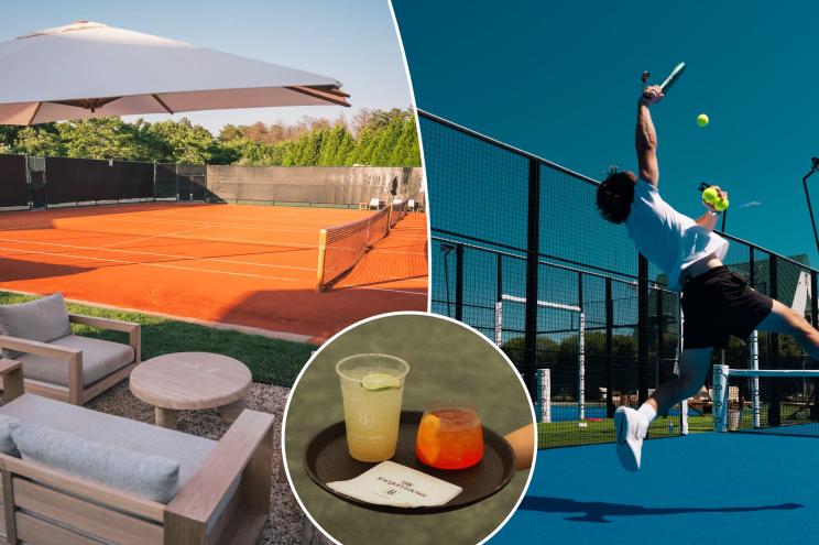 A man practicing his serve on a tennis court at one of the popular Hampton spots, NAOA, The Racquet Lounge, or Privé Padel