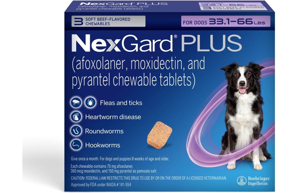 A box of Nexguard dog chewable tablets.