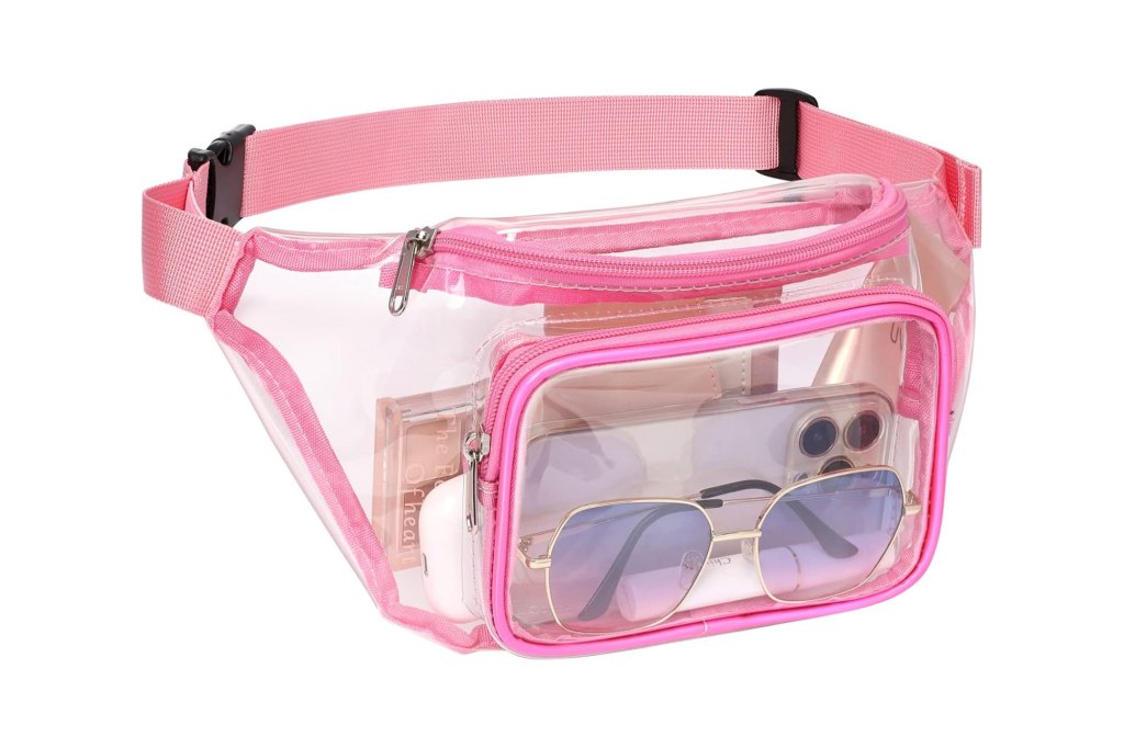 A clear waist bag, often known as a fanny pack, containing a pair of sunglasses and a white device
