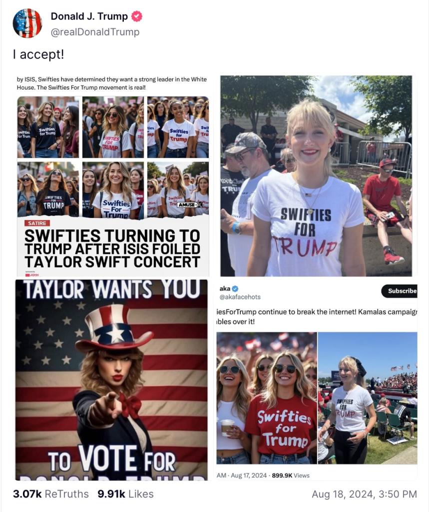 Trump's Truth Social post on Swifties for Trump