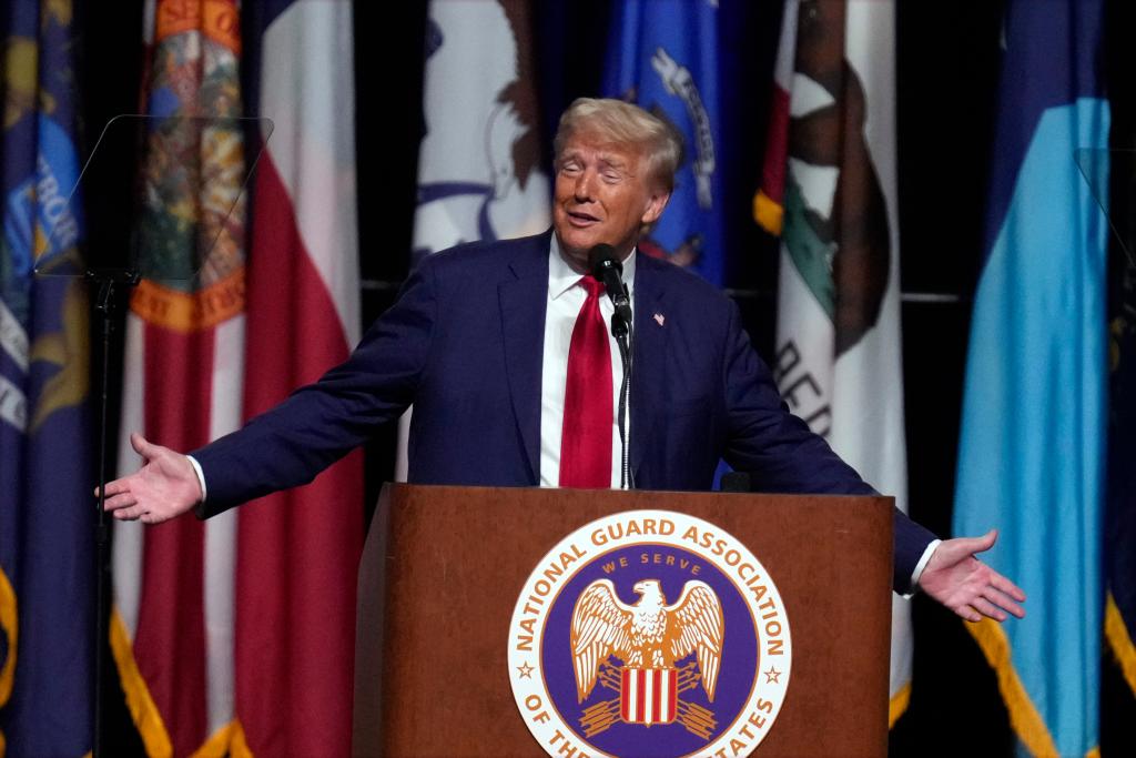 Donald Trump speaks at the National Guard Association of the United States' 146th General Conference, Monday, Aug. 26, 2024, in Detroit