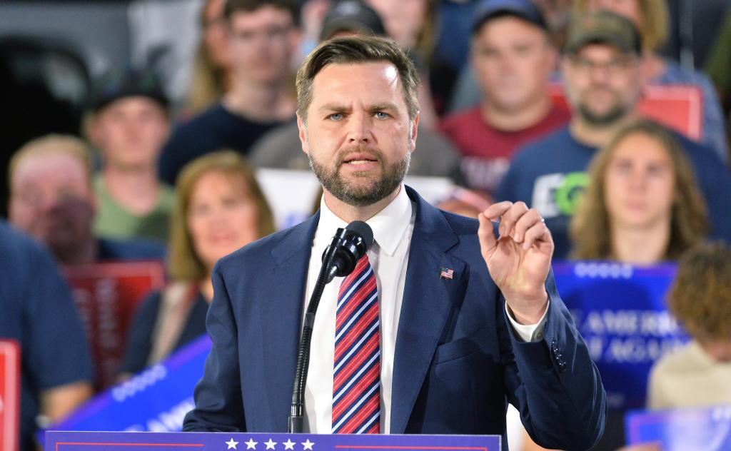 Republican vice-presidential nominee JD Vance speaks at Team Hardinger, a warehousing and transportation company, in Erie on Aug. 28, 2024.