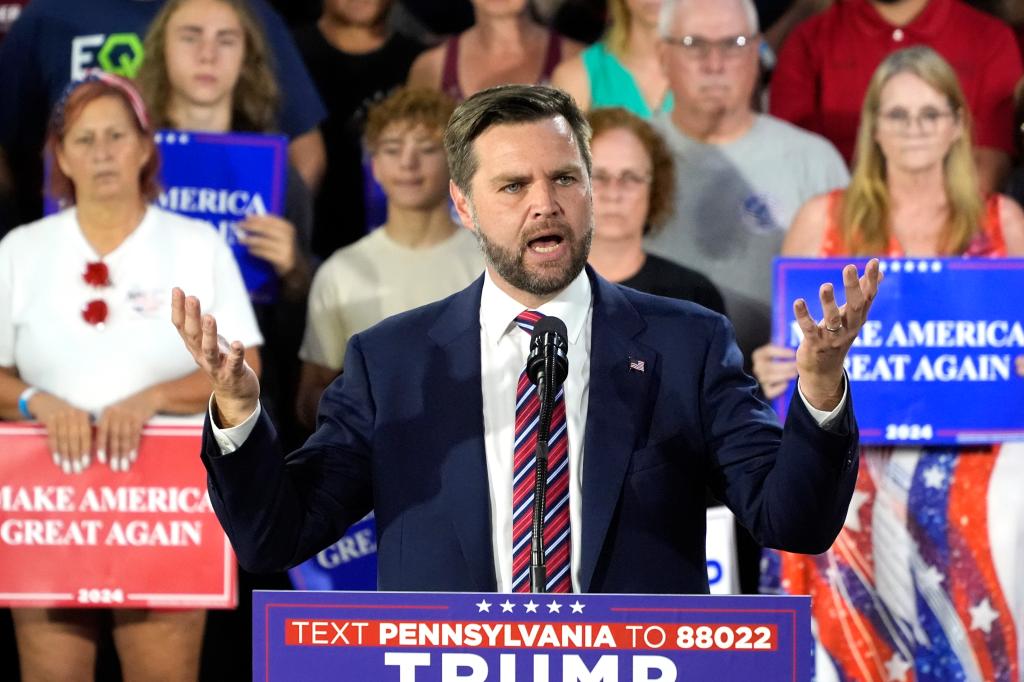 Republican vice presidential nominee Sen. JD Vance, R-Ohio, speaks at a campaign event in Erie, Pa. Wednesday, Aug. 28, 2024.