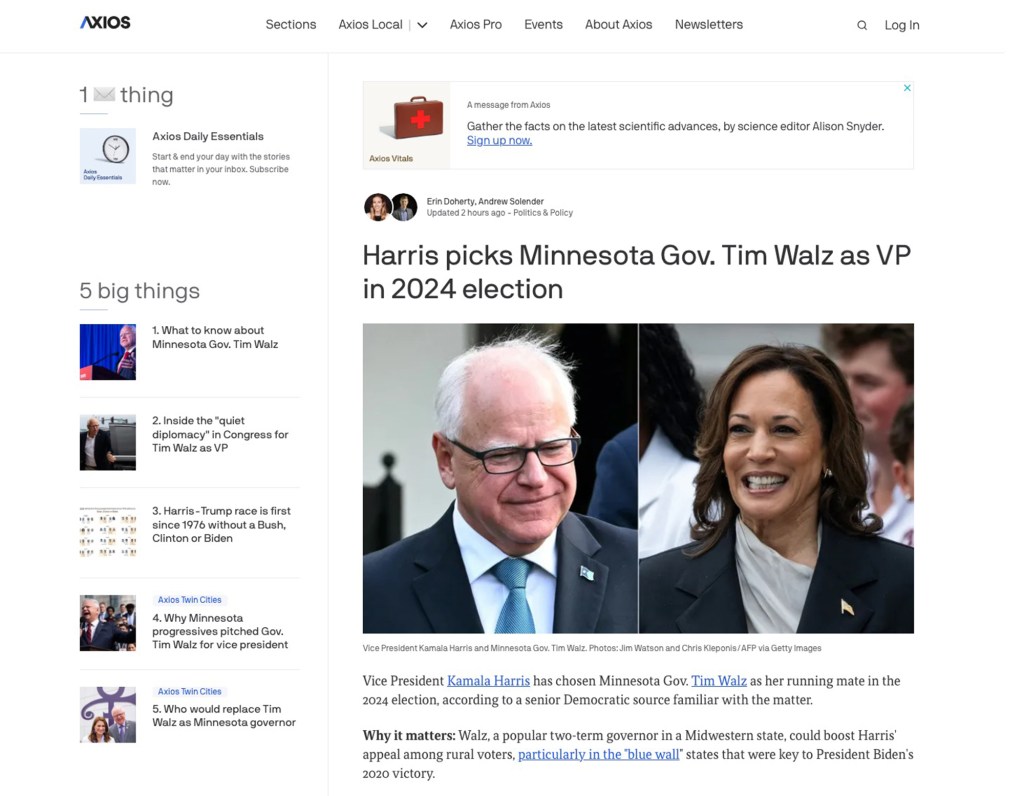 Screenshot of the Axios homepage on August 6th featuring news about company layoffs and images of Tim Walz and Kamala Harris