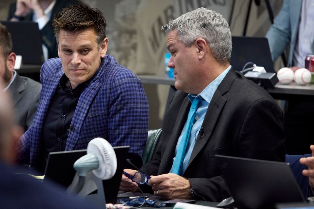 Mariners president of baseball operations Jerry Dipoto (l.) with senior director of amateur scouting Scott Hunter (r.) during the 2024 MLB Draft.