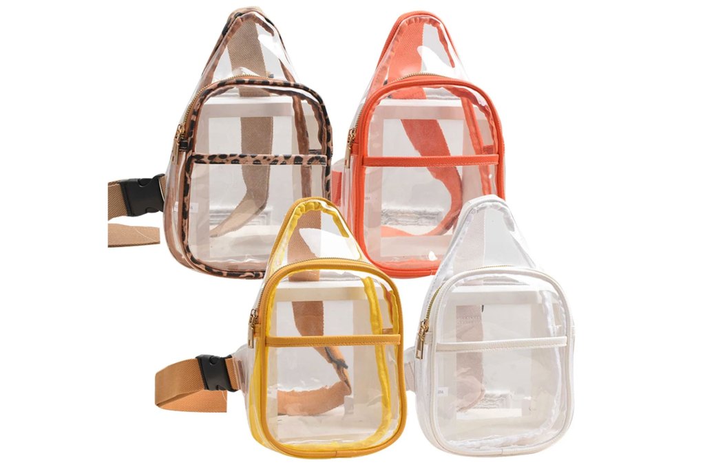 A group of clear sling bags
