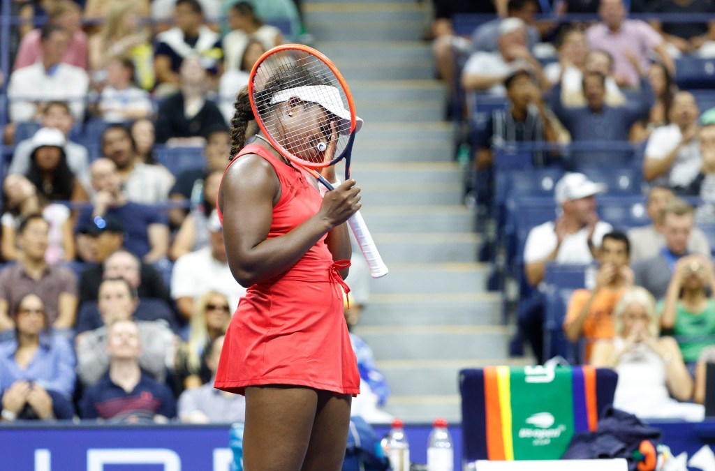 Sloane Stephens of the US reacts during her match against Clara Burel of France during the night session of Day 1 of the U.S. Open at Arthur Ash Stadium on Aug. 26, 2024. 