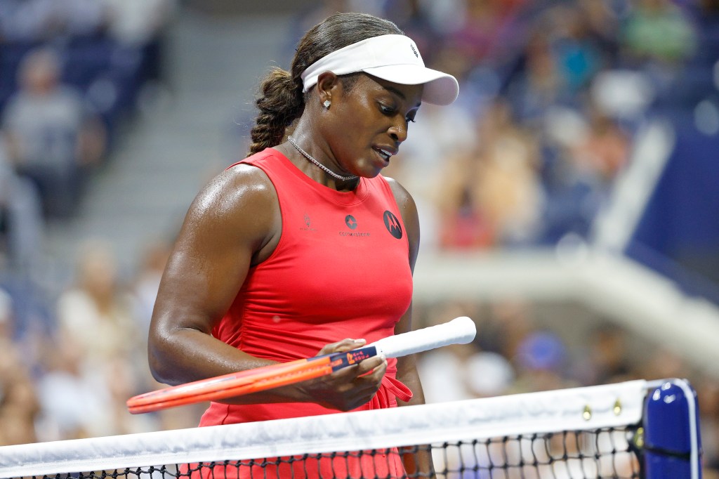 Sloane Stephens of the US reacts during her match against Clara Burel of France during the night session of Day 1 of the U.S. Open at Arthur Ash Stadium on Aug. 26, 2024. 