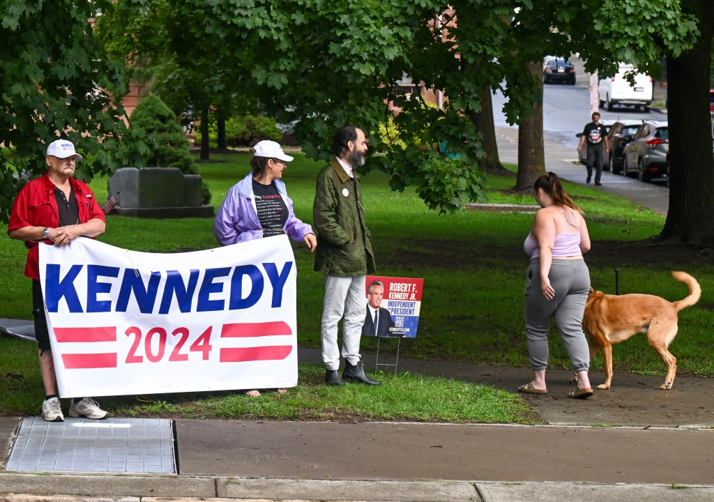 Small group of supporters waiting outside Albany County Courthouse for Independent presidential candidate Robert F. Kennedy Jr.'s arrival