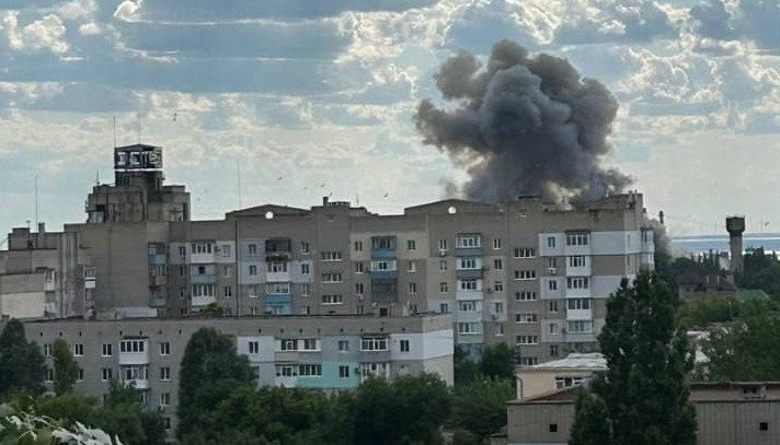 Smoke rising from where a Storm Shadow missile was used to kill Russian Lt. Gen. Oleg Tsokov in Berdyansk last year.