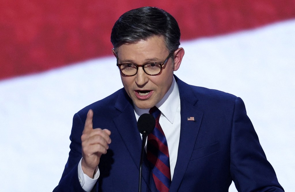 House Speaker Mike Johnson (R-LA) speaks during Day 2 of the Republican National Convention (RNC), at the Fiserv Forum in Milwaukee, Wisconsin, U.S., July 16, 2024.