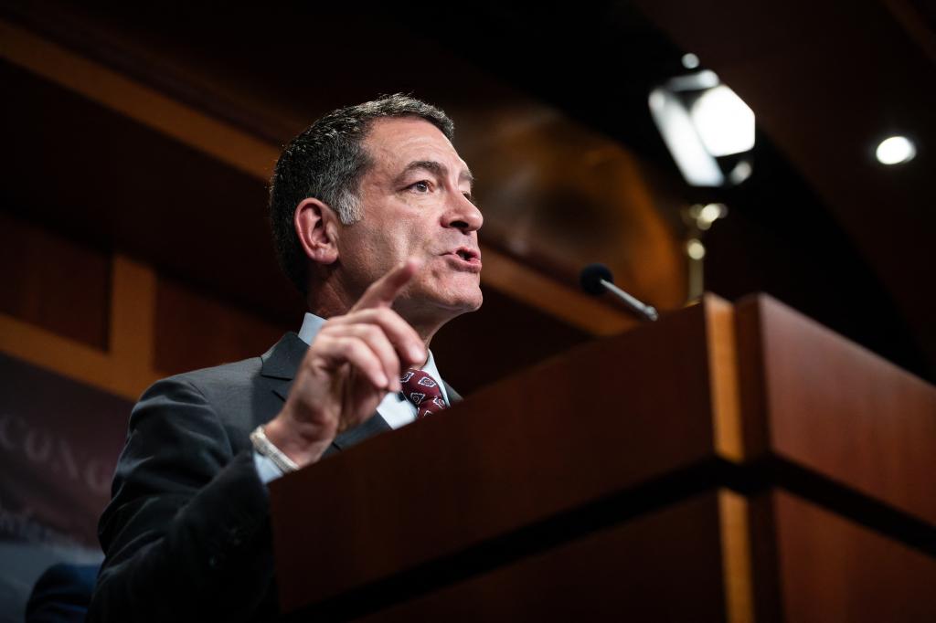 Rep. Mark Green (R-TN) speaks during a press conference with other Republican Senators and Representatives, demanding a trial of Secretary of Homeland Security Alejandro Mayorkas following delivery of articles of impeachment to the Senate, Washington, DC, April 16, 2024. 