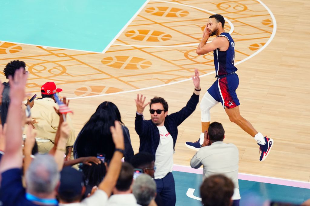 Steph Curry of the USA celebrates with Jimmy Fallon at the Men's Basketball Final.
Paris 2024 Olympic Games, Day Fifteen, Paris, France - 10 Aug 2024