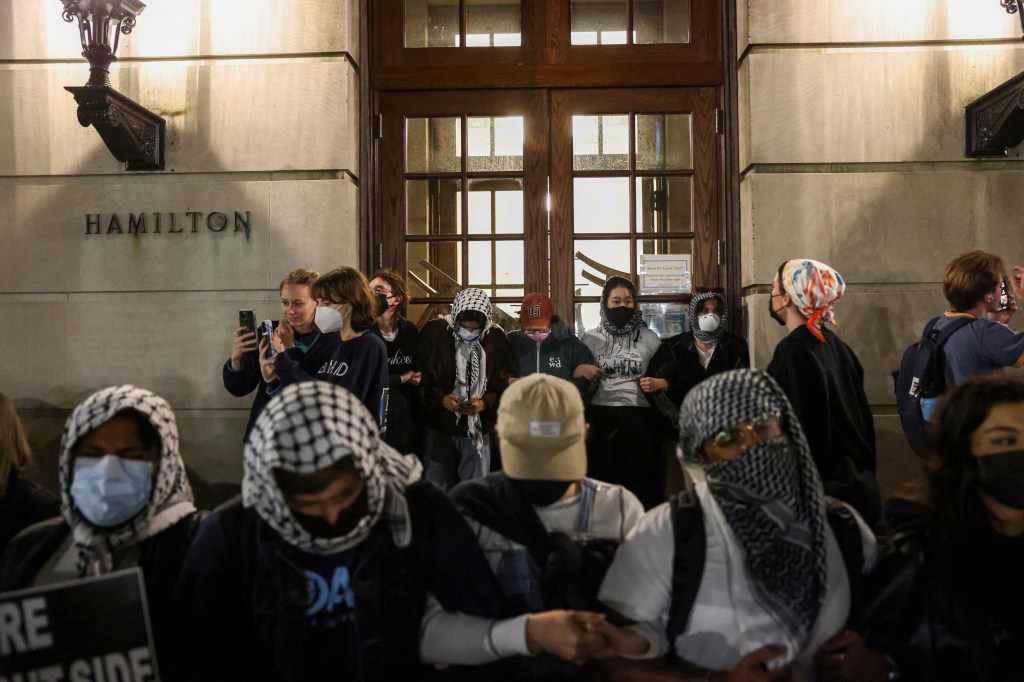 Pro-Palestine activists outside Hamilton Hall