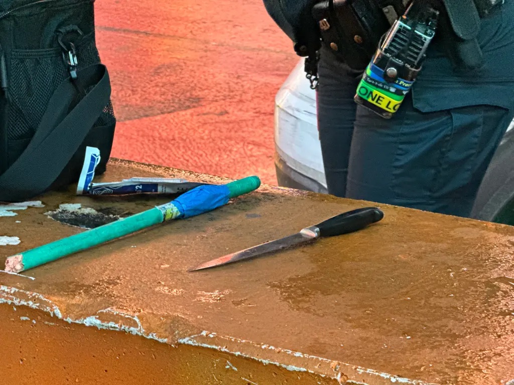 Photo of a knife used in a brutal February incident, where a  a 17-year-old migrant was stabbed during a wild brawl involving dozens of people — including other migrants — in Times Square.