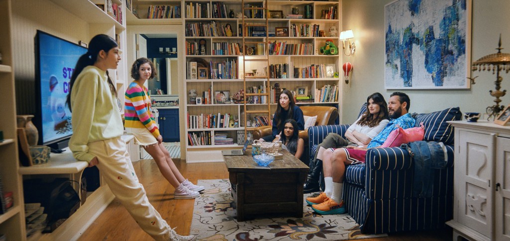 Sunny Sandler, Samantha Lorraine, Sadie Sandler, Zaara Kuttemperoor, Idina Menzel, Adam Sandler in "You Are So Not Invited to My Bat Mitzvah."