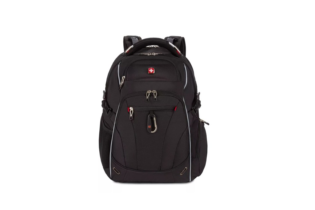 A black backpack on a white background