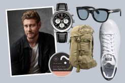 Actor Tom Hopper in a collage with his recommendations, including Adidas sneakers, a backpack, a luxury watch and more.