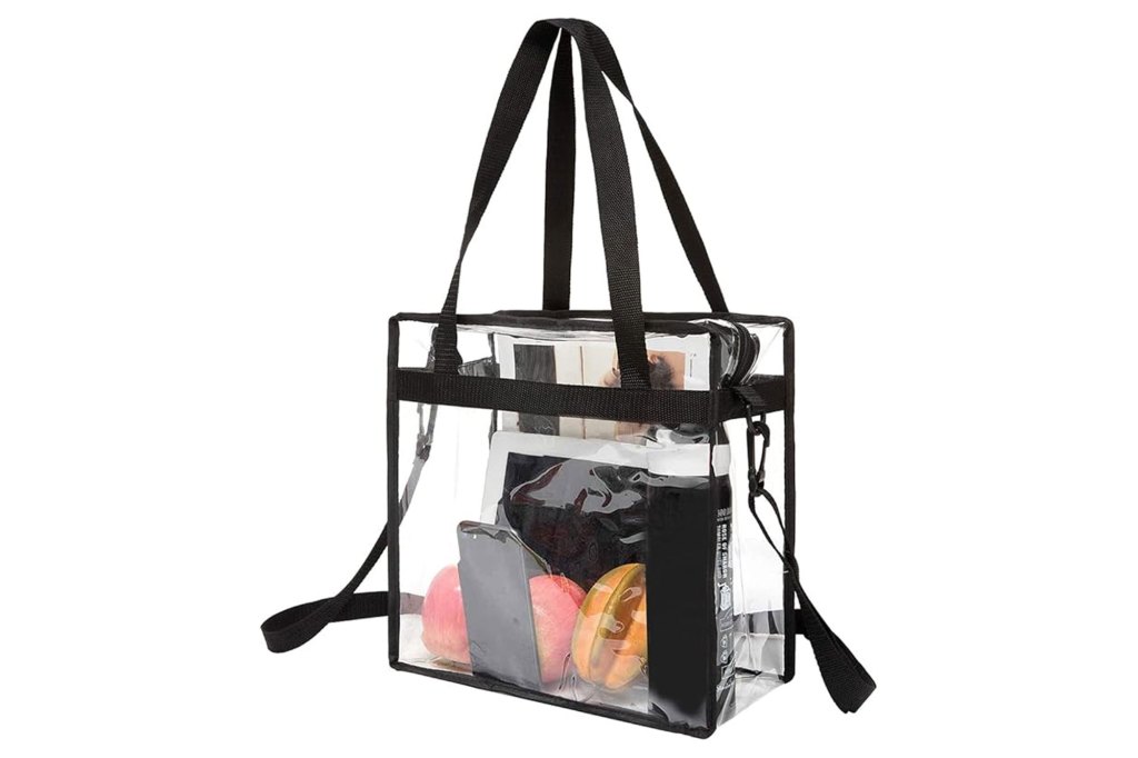 A clear tote bag filled with various fruits
