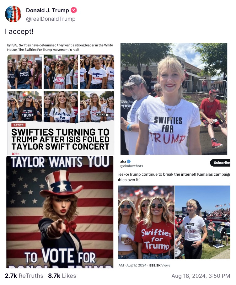 Donald Trump, 78, took to his Truth Social platform on Sunday to post a collection of images and memes suggesting support from Taylor Swift and a slew of so-called "Swifties for Trump." 