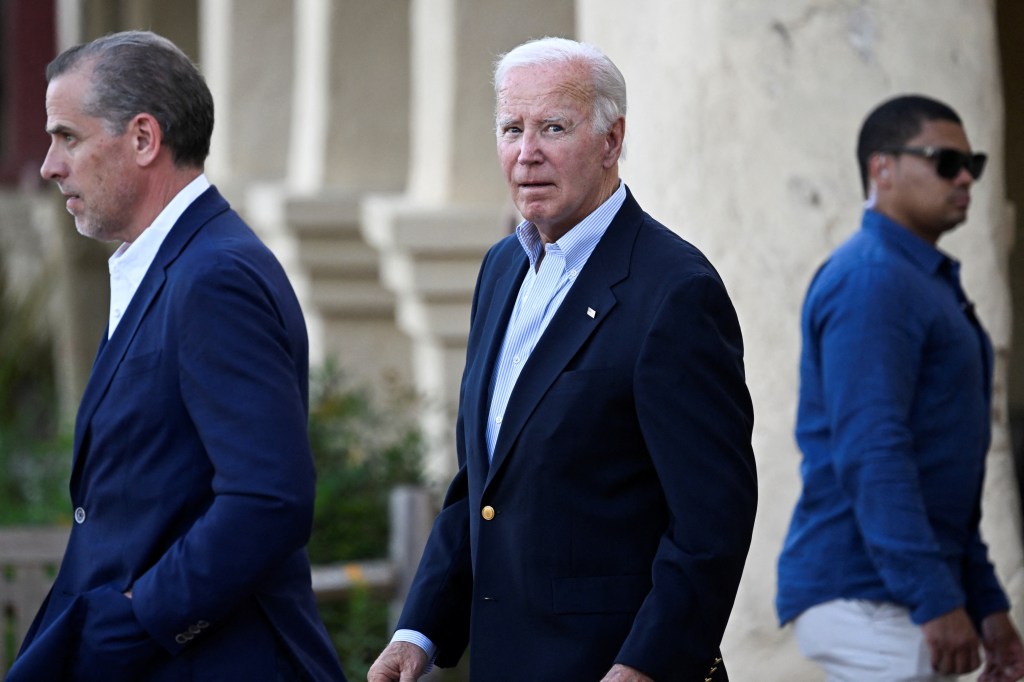 U.S. President Joe Biden and his son Hunter Biden leaving Old Mission Santa Ines Catholic Church in Solvang, California after attending mass