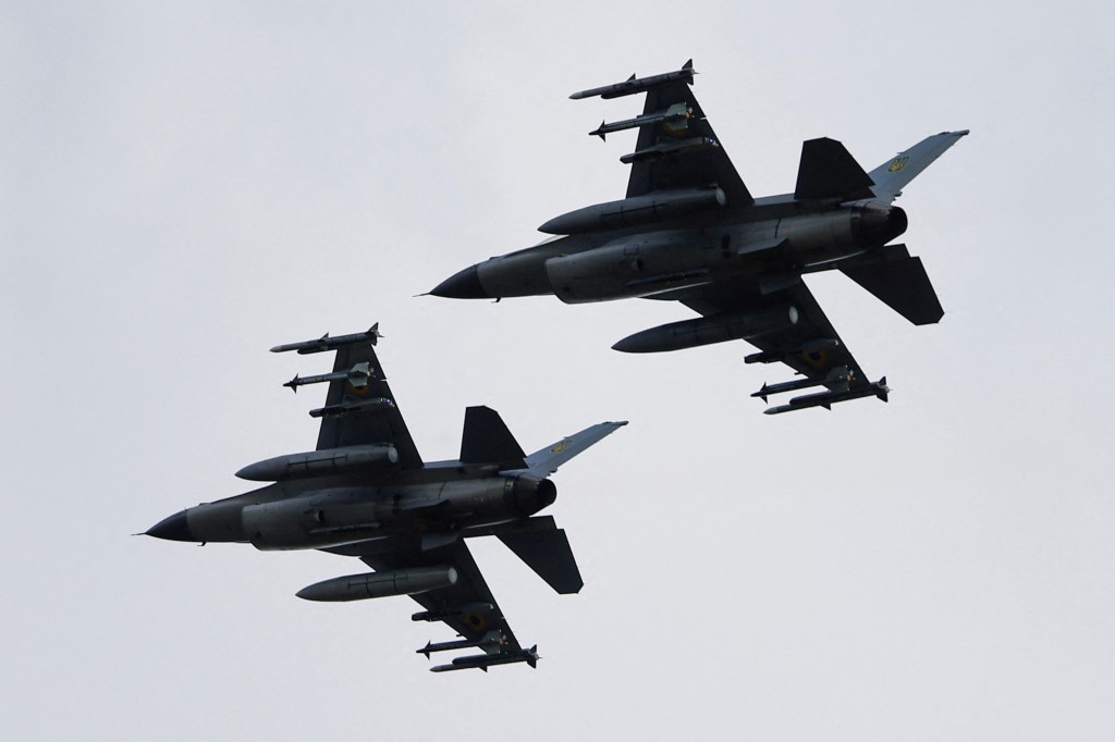 Ukrainian F-16 fighter jets in flight during the Day of the Ukrainian Air Forces, amid Russia's attack on Ukraine