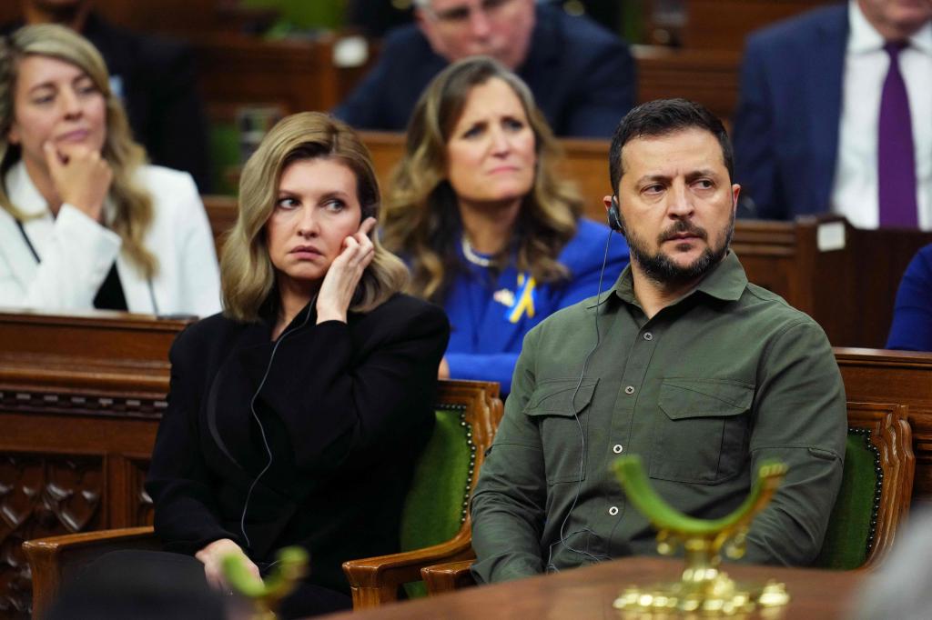 Ukrainian President Volodymyr Zelensky and First Lady Olena Zelenska attentively listening to Canadian Prime Minister Justin Trudeau's speech in the House of Commons, Ottawa, Canada, September 22, 2023.