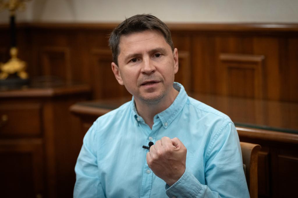 Ukrainian Presidential adviser Mykhailo Podolyak speaks during an interview with The Associated Press in Kyiv, Ukraine, Thursday, July 25, 2024.