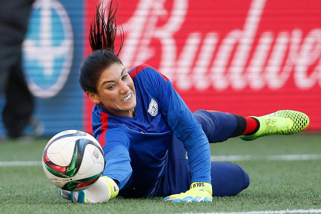 United States goalkeeper Hope Solo warms up prior to a FIFA Women's World Cup soccer match against Sweden in Winnipeg, Manitoba, Canada, Friday, June 12, 2015.