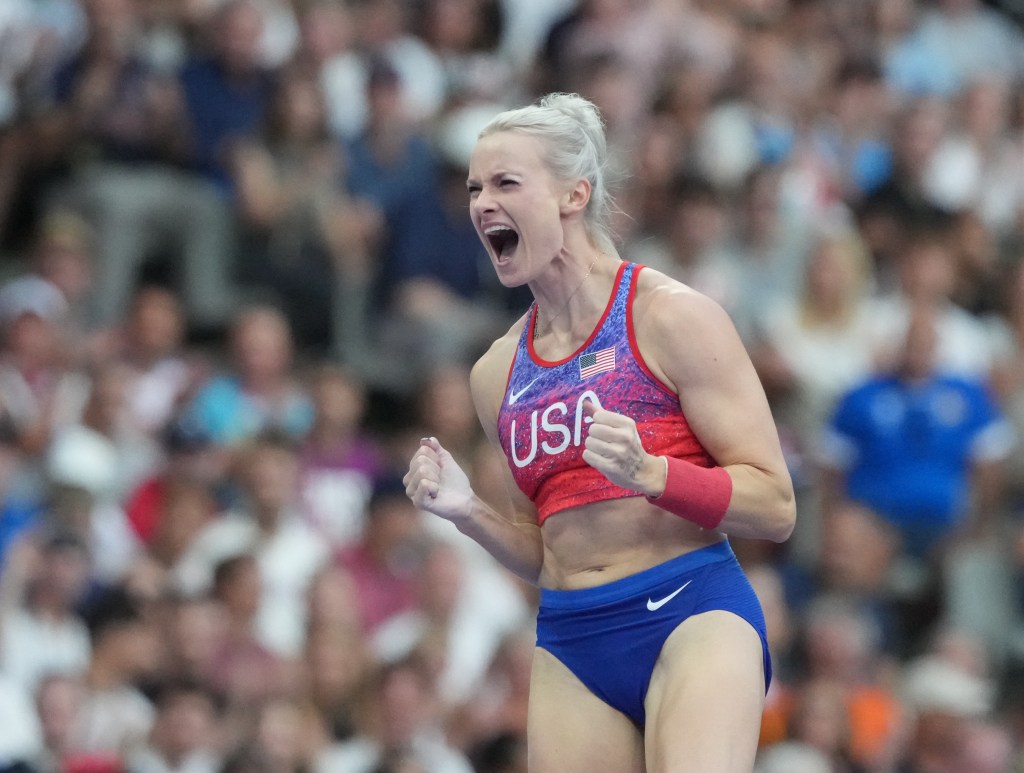 Katie Moon (USA) reacts in the women's pole vault final during the Paris 2024 Olympic Summer Games at Stade de France.