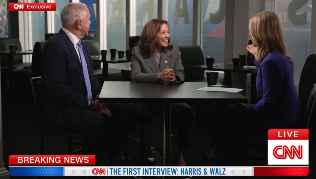 Vice President Kamala Harris and Minnesota Gov. Tim Walz speak to CNN's Dana Bash during an interview Thursday, Aug. 29, 2024