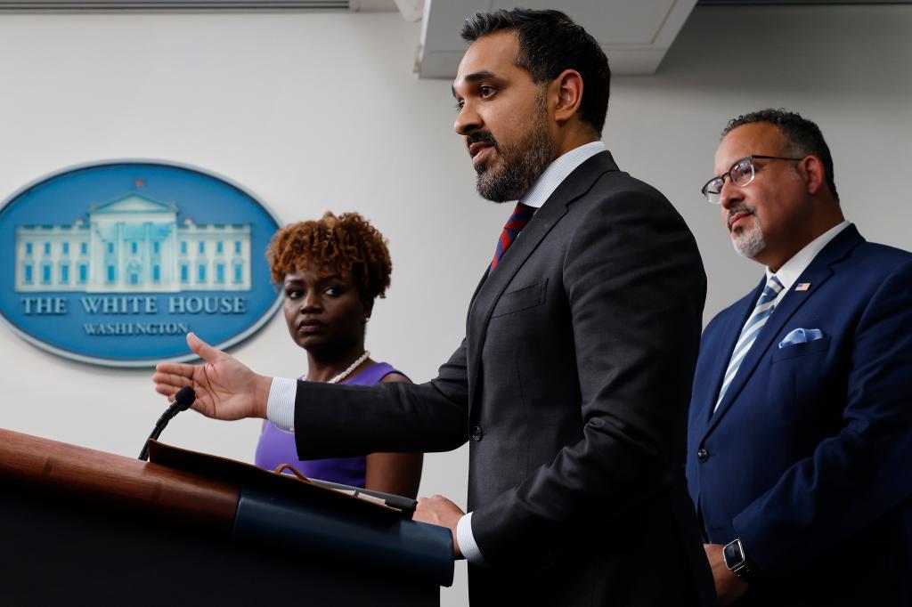 White House Press Secretary Karine Jean-Pierre, National Economic Council Deputy Director Bharat Ramamurti and Education Secretary Miguel Cardona talk to reporters during the daily news conference in the Brady Press Briefing Room at the White House on June 30, 2023 in Washington, DC.