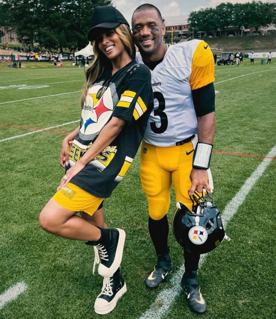 Ciara and Russell Wilson during Steelers practice.