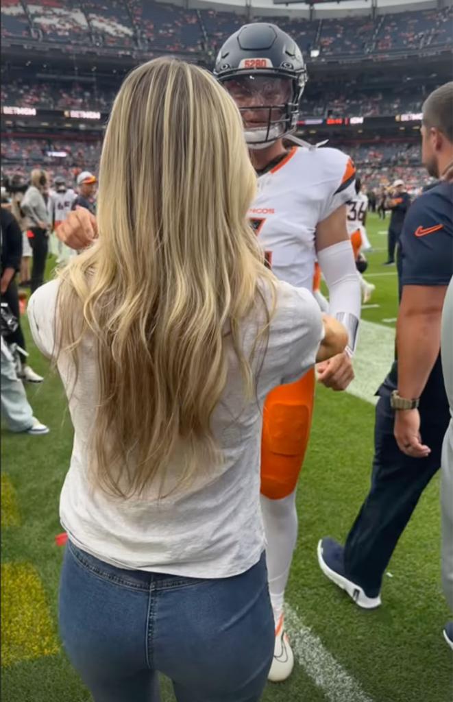 Zach Wilson and Nicolette Dellanno after the Broncos beat the Cardinals in their preseason finale in Denver on August 25, 2024. 