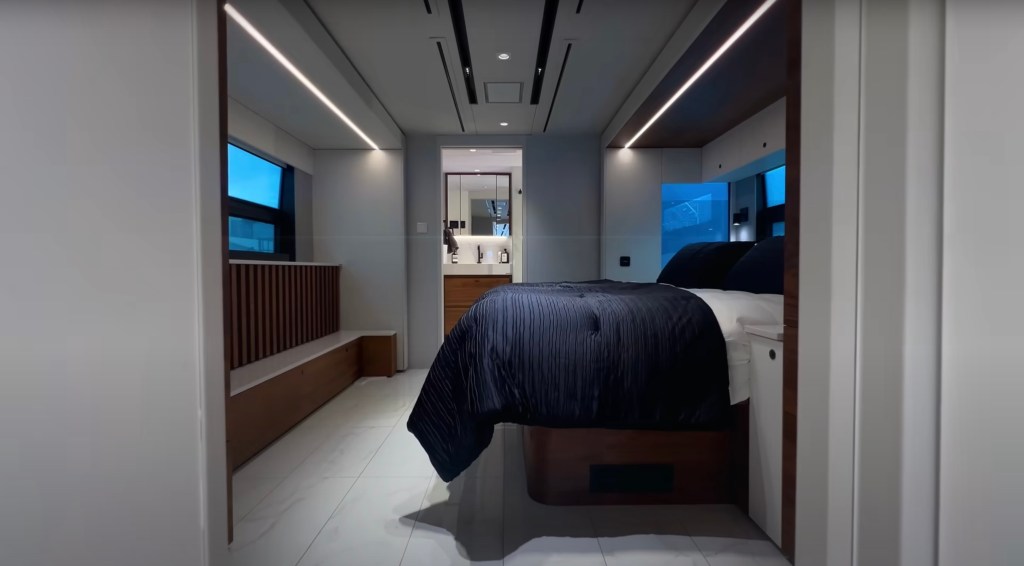  The mobile palace boasts 10 touchscreen Garmin pads, a 65-inch TV, and a master bedroom with a king-sized bed that rivals anything in a $40 million Los Angeles mansion. 