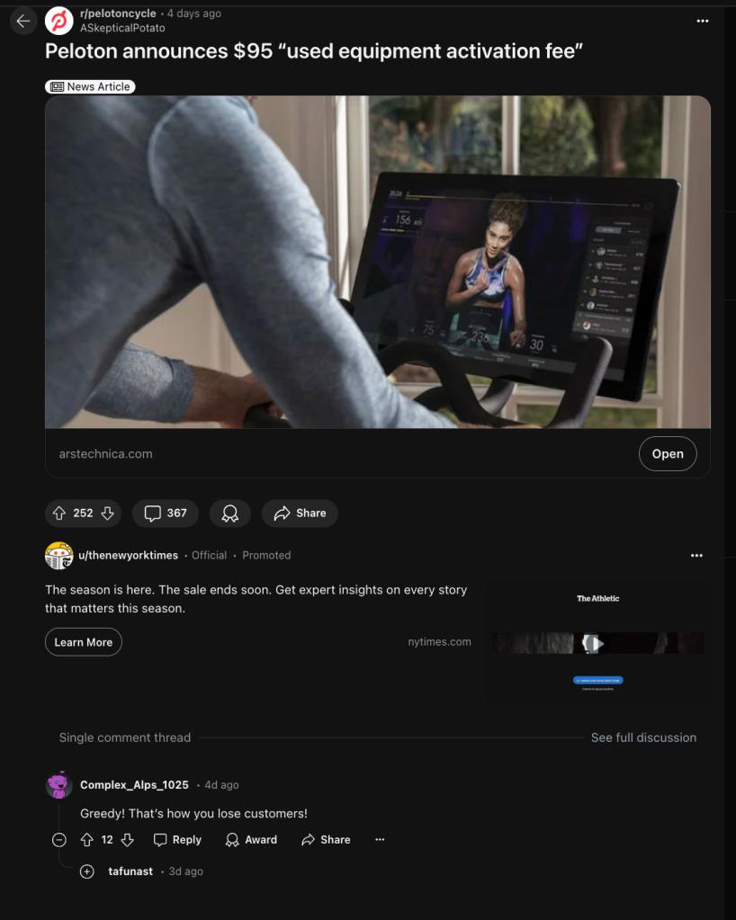 Screenshot of a Reddit thread discussing Peloton's new $95 activation fee for used equipment