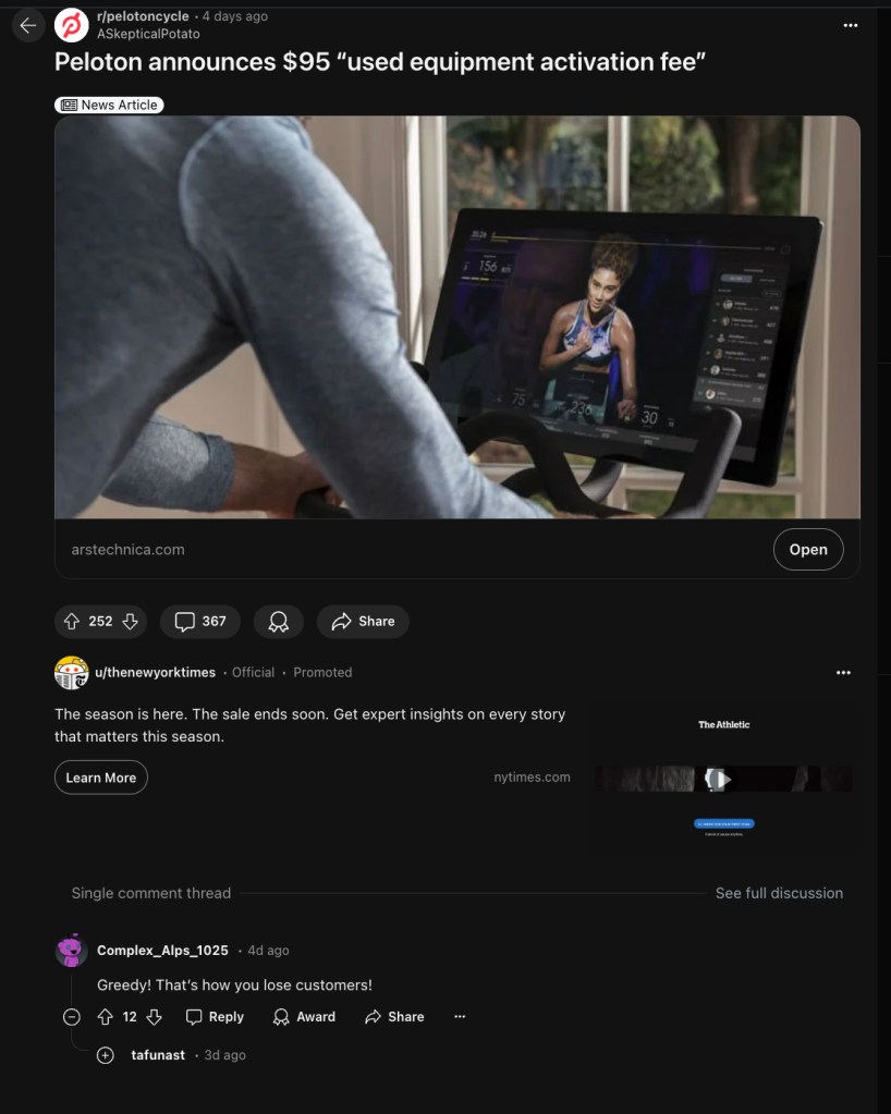 Screenshot of a Reddit thread discussing Peloton's new $95 activation fee for used equipment
