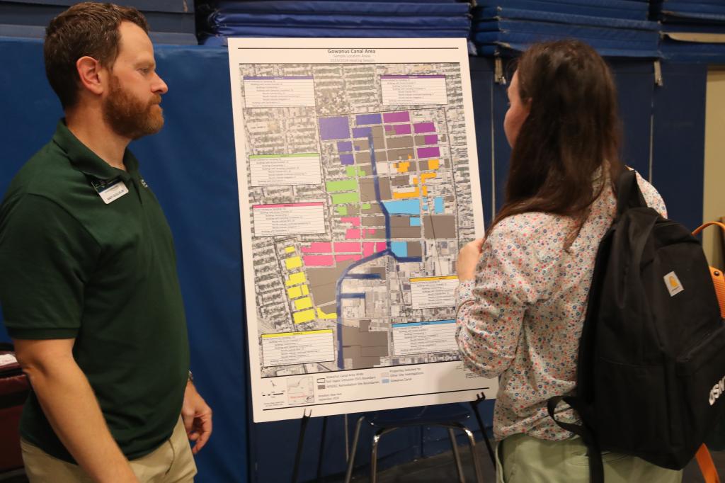 Residents in the Gowanus canal area meet with the Department of Environmental Protection and the Department of Health to discuss clean up and detection of pollutants in the area. 