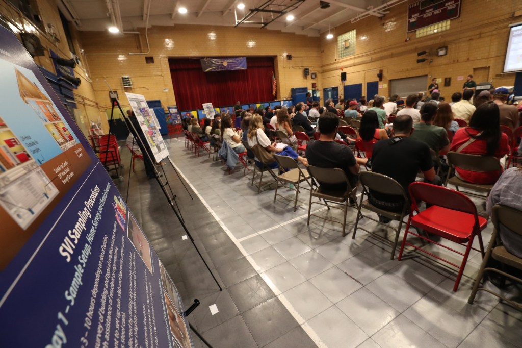 
Residents in the Gowanus canal area meet with the Department of Environmental Protection and the Department of Health to discuss clean up and detection of pollutants in the area. 