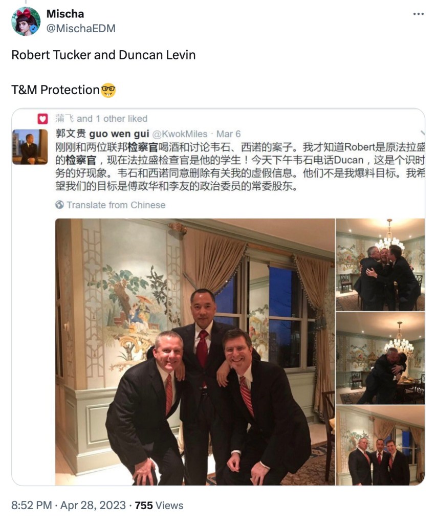 A Chinese-language X post showing Robert Tucker posing with Guo Wengui and Duncan Levin in a lavish apartment.