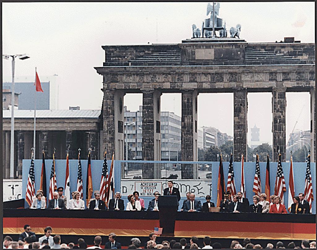 Reagan at the site of his famous "tear down this wall" speech in Berlin.