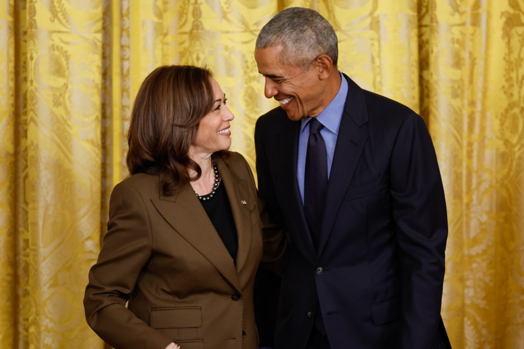 Vice President Kamala Harris and Former President Barack Obama attend an event to mark the 2010 passage of the Affordable Care Act in the East Room of the White House on April 5, 2022 in Washington, DC.