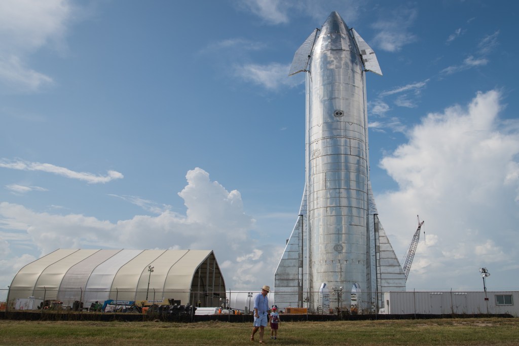 A prototype of SpaceX's Starship spacecraft is displayed at the company's Texas launch facility on Sept. 28, 2019.