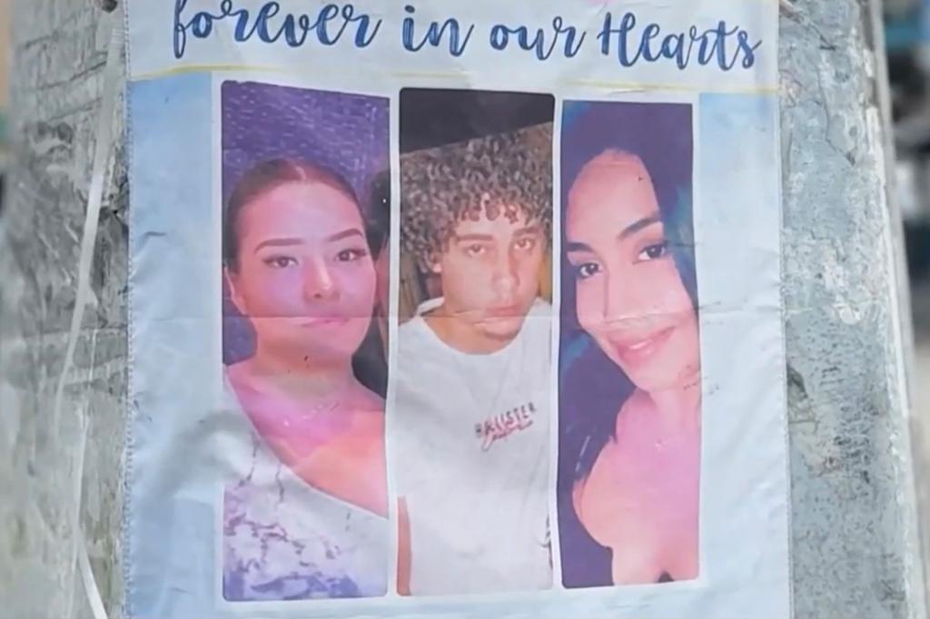 A flyer showing images of the three victimes with 'Forever in our hearts" in script above the photos.