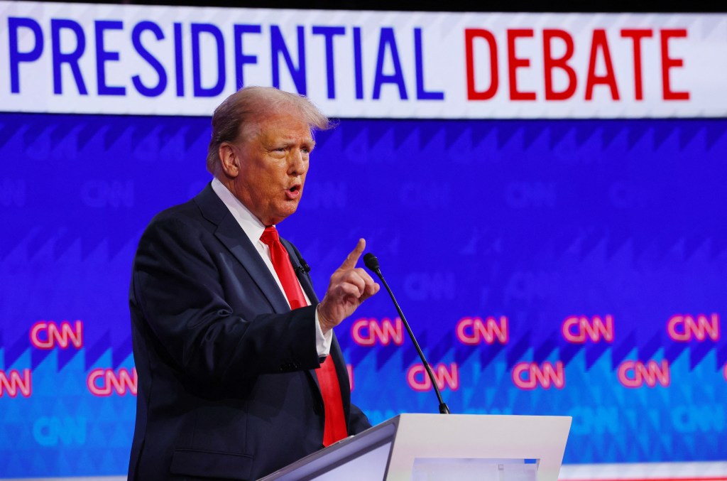 Former U.S. President Donald Trump speaking at a presidential debate with U.S. President Joe Biden in Atlanta, Georgia, June 27, 2024