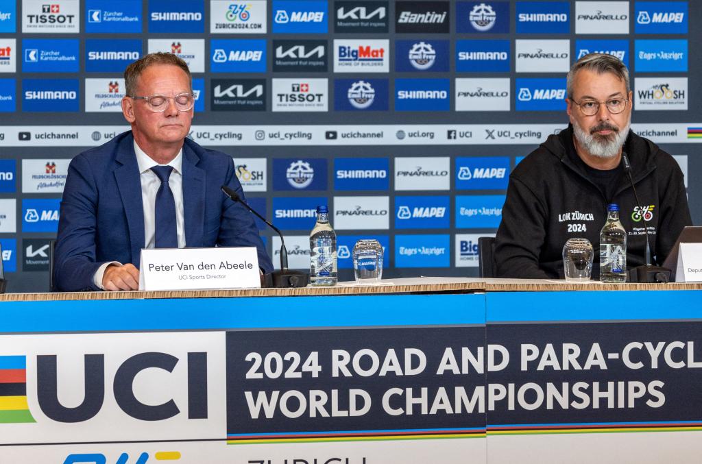 Peter Van den Abeele, Sports Director of the Union Cycliste Internationale (UCI) and Olivier Senn Deputy General Manager of LOC Zurich 2024 attend a news conference after the death of Swiss cyclist Muriel Furrer