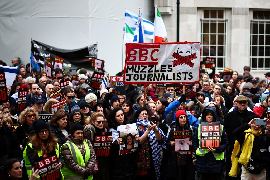 Protesters waving Israeli flags and holding placards, demonstrating outside BBC headquarters in London in February 2024 to bring attention to kidnapped Israeli women in Gaza