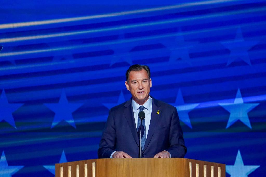 Democratic Representative Tom Suozzi delivering remarks at the Democratic National Convention in Chicago, Illinois, August 2024.