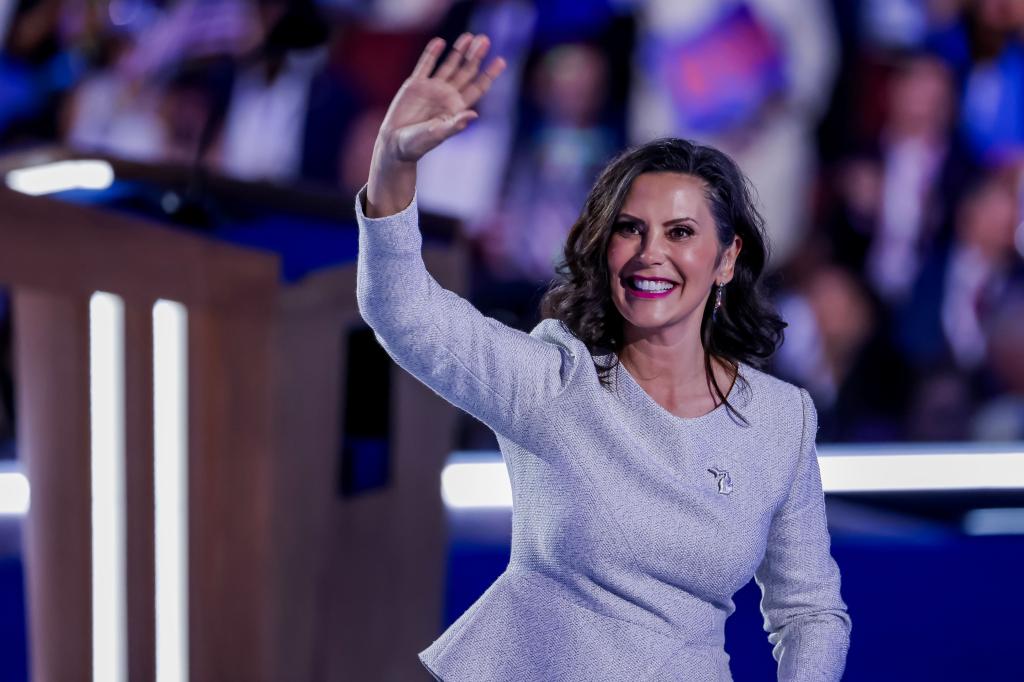 Michigan Governor Gretchen Whitmer waving to the crowd at the Democratic National Convention, Chicago, Illinois, 22 August 2024